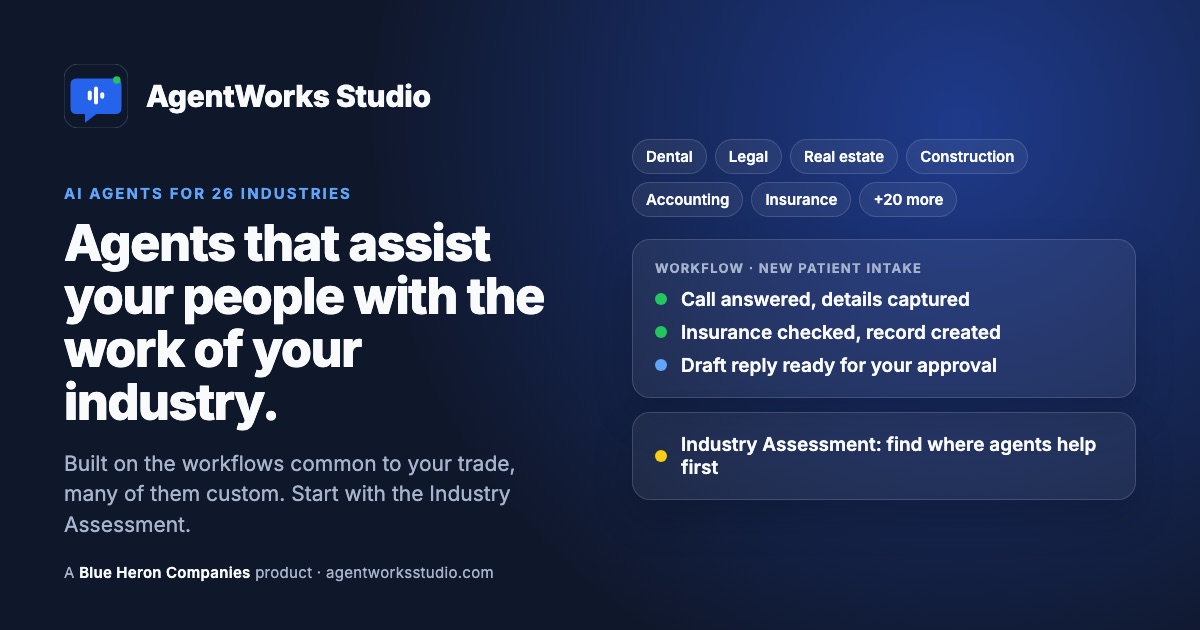 AgentWorks Studio: AI agents for 26 industries running a new-patient intake workflow
