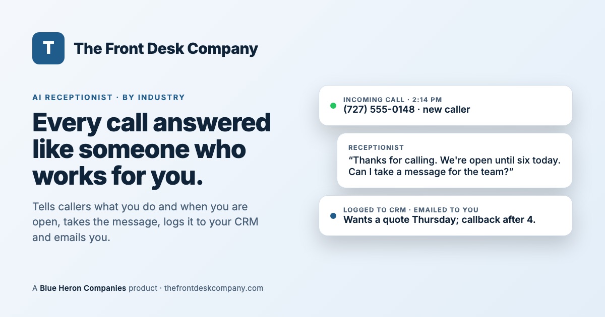 The Front Desk Company: an AI receptionist answers a call, takes the message and logs it to the CRM